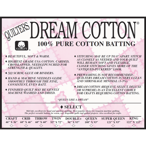 Quilters Dream Batting - Dream Cotton Request - Throw - Natural